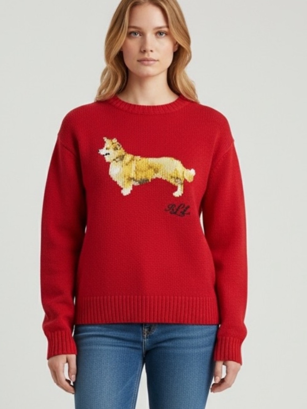 Ralph Lauren Intarsia-Knit Corgi Dog Cotton Red Crewneck Sweater Size XXS NWT